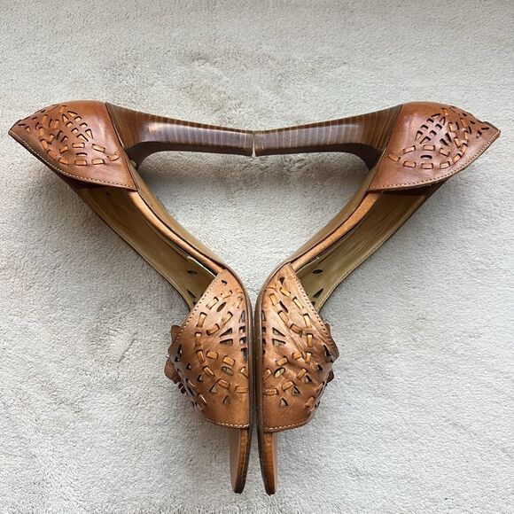 Via Spiga Tan Woven Leather Open Toe Heels Women 8.5 Cut Outs Flower Casual - Picture 7 of 16